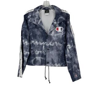 Champion Blue White Snap Up Jacket Large Short at Waist Streetwear Athletic